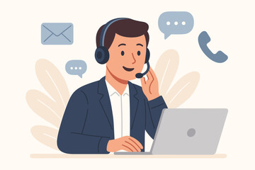 Customer service operator, male call center agent with headset consulting client on laptop. Man providing online technical support, helpdesk service. Hotline contact us concept.