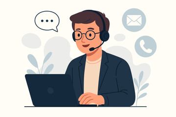 Customer support operator. Man with headset and microphone working on a laptop. Call center agent providing help desk assistance. Hotline service, online consultation concept.