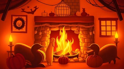 A cartoonish drawing of a fireplace with a wreath on the mantle