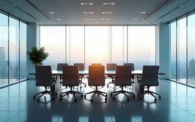 Fototapeta premium Modern conference room with glass walls, ergonomic chairs, large table and bright office interior. Corporate meeting room interior. High quality