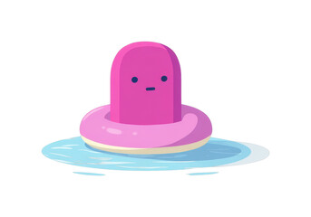 Fototapeta premium Cartoon character with pink inflatable ring floating on water