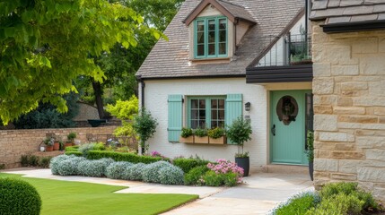 English countryside with cluster of stone cottages, pastel rooftops and lush blooming gardens