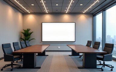 Modern conference room setup with seating and presentation area. High quality