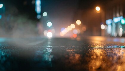Wet asphalt, reflection of neon lights, smoke. Abstract light in a dark empty street