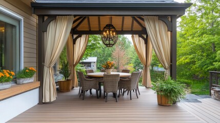 Gazebo with a round dining table and chairs, surrounded by outdoor curtains for breeze protection.