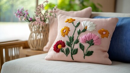 Soft pastel floral pillow arrangement with delicate embroidery, zoomed-in focus, vintage interior with dreamy bokeh.