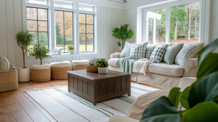Whole room showcasing layered comfort: gingham throws, floral cushions, pastel palette, cozy English cottage interior.