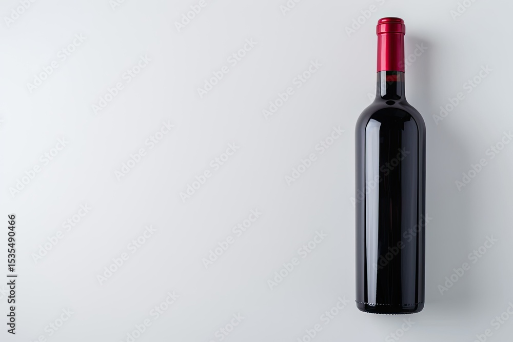 Poster high resolution visual of a bottle of red wine with a red cap on a white background