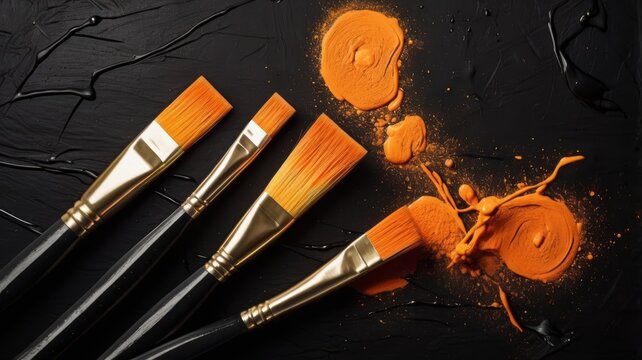 Orange paint splatters and 's brushes on a dark surface.