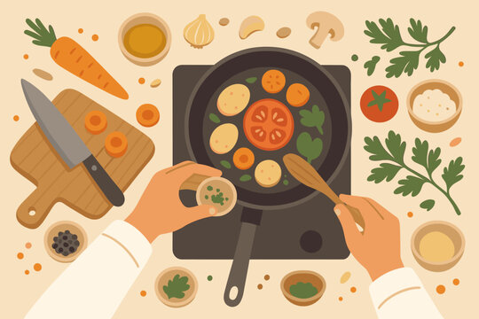Culinary class concept with a chef preparing food. Top view, flat lay of hands cooking fresh vegetables in a frying pan. Healthy eating, meal prep, and vegetarian recipe vector. - Powered by Adobe