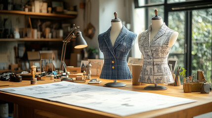 A detailed view of a fashion designers studio showcasing dress forms and various tools, highlighting the art of garment creation