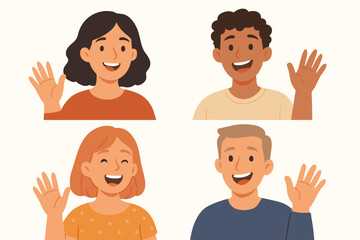Diverse cartoon children waving hello. Multiethnic kids illustration. Friendly boys and girls greeting gesture. Inclusive group, casual clothing, flat vector style. Community, communication concept.
