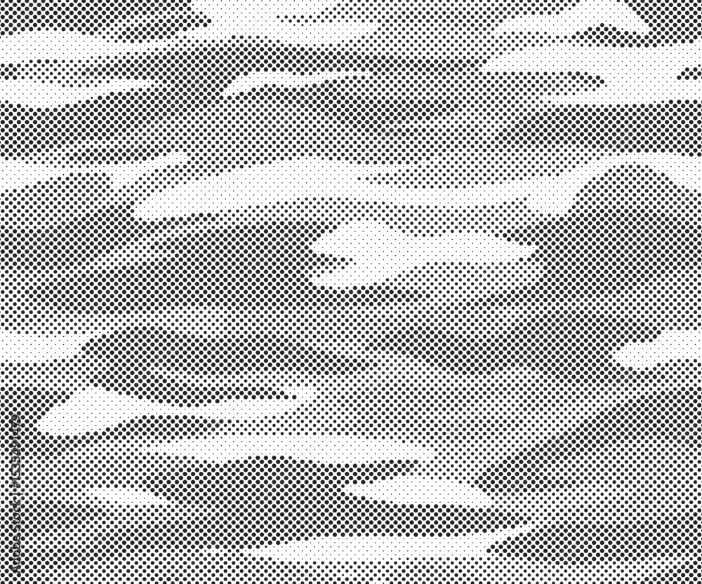 Poster Abstract halftone seamless camouflage pattern. Repeating digital dotted hexagonal camo military texture background. Abstract modern fabric textile ornament. Vector illustration.
