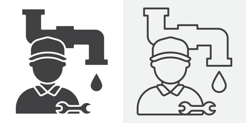 Plumber repairing pipe icon Line graphics illustration