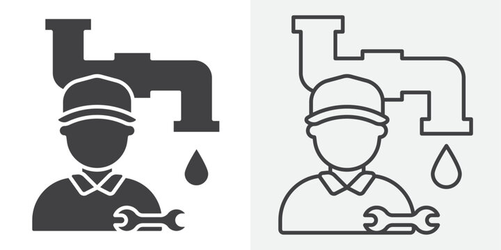 Plumber repairing pipe icon Line graphics illustration