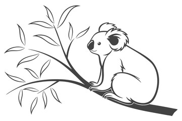 Adorable line art illustration of a koala bear sitting on a tree branch