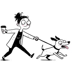 Girl waking up holding coffee, pulled by hyperactive dog on leash. Morning walk with pet, animal concept. Cartoon illustration for blog.