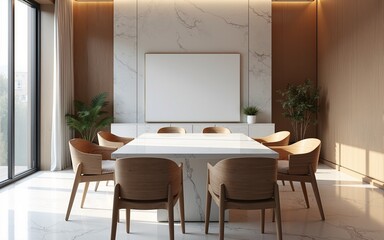 Elegant Office with Marble and Wood High-end conference room featuring a marble table and minimalist wooden chairs. Large windows for natural light and. High quality