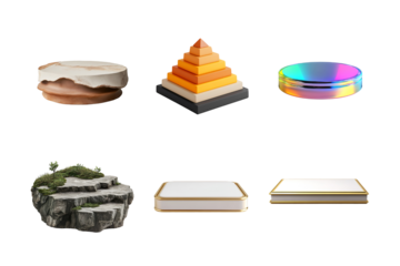 A collection of abstract geometric shapes featuring a pyramid, circular and square platforms, and textured materials. Ideal for designers seeking modern visual elements.