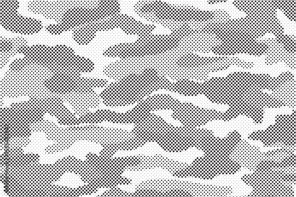 Poster Abstract halftone seamless camouflage pattern. Repeating digital dotted hexagonal camo military texture background. Abstract modern fabric textile ornament. Vector illustration.