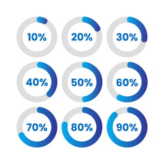 Nine Circular and Square Percentage Charts with Blue Gradient Fills and Black Outlines