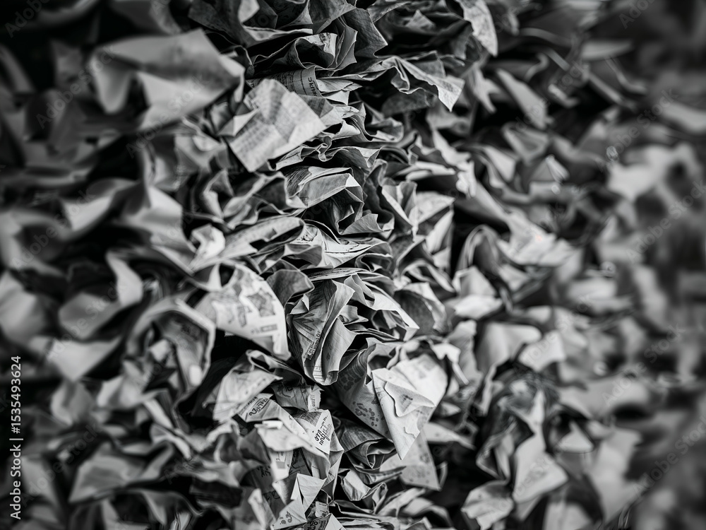 Poster high-contrast monochrome image of intricately crumpled paper emphasizing texture and abstract forms 