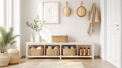 Interior of light hallway with wicker baskets and shoe stand Generative Ai