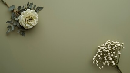 Minimalist mint green background with a single white rose and baby’s breath branches, arranged with soft shadows and empty space for text or branding