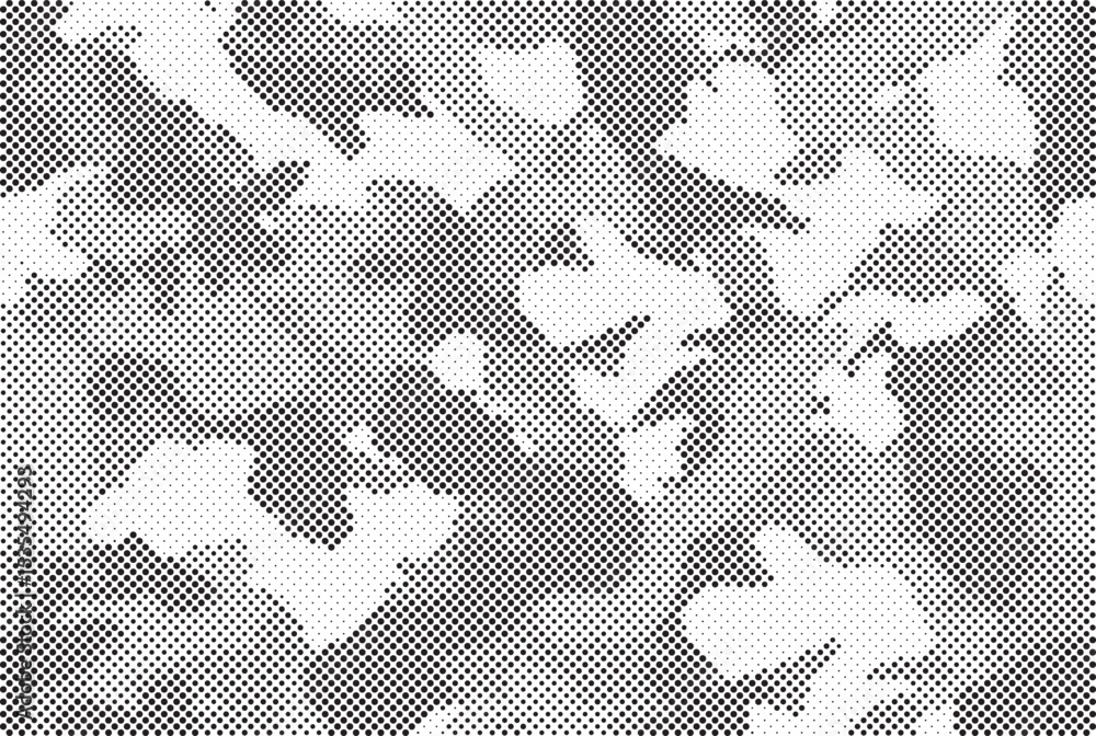 Poster abstract halftone seamless camouflage pattern. repeating digital dotted hexagonal camo military text