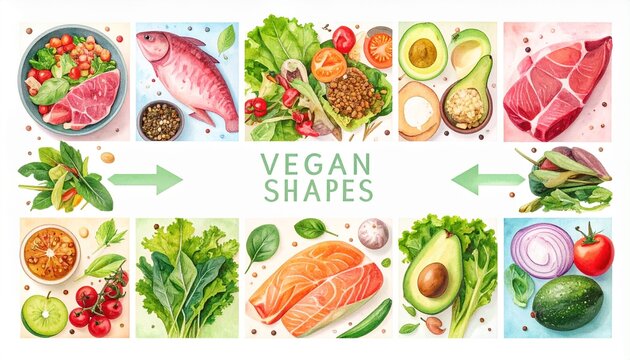 Vegan substitution options concept. Vegan food illustrated in colorful shapes with arrows highlighting options.