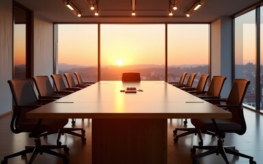 A modern conference room with a large wooden table and ergonomic chairs, illuminated by the sunset view through large windows. High quality