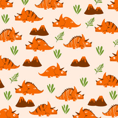 orange and green cute seamless pachyrhinosaurus dinosaur full print design for kids apparel