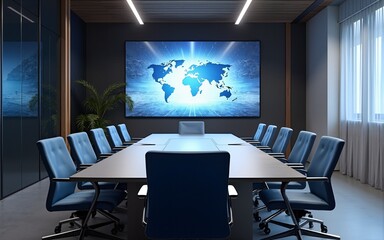 Tech-savvy conference room with AI presentation tools, minimalist furniture, and high-definition video screens. A conference room designed with AI presentation tools, minimalist furniture