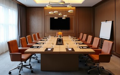 Corporate hotel meeting room with a focus on executive leather chairs. High quality