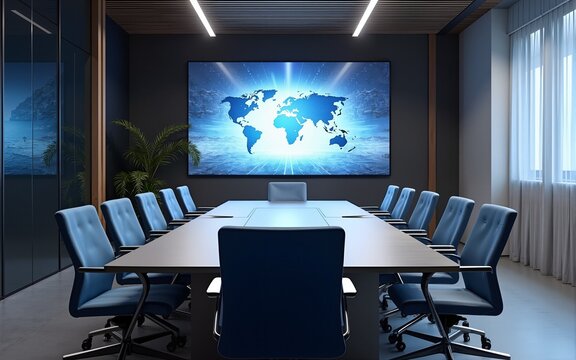 Tech-savvy conference room with AI presentation tools, minimalist furniture, and high-definition video screens. A conference room designed with AI presentation tools, minimalist furniture