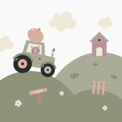 Farm landscape with tractor and cute pig. Kids print. Vector illustration in flat cartoon style.
