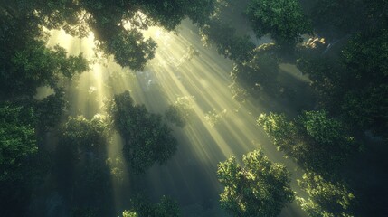 Obraz premium Sunlight through the treetops creates a magical forest atmosphere, a natural serenity