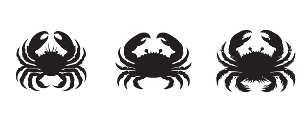 Three black crab silhouettes with raised claws and detailed legs, shown in front view on a white background, ideal for marine, seafood, or coastal-themed designs