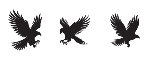Three silhouettes of birds of prey, likely eagles or hawks, captured in dynamic flight and landing positions with wings outstretched and talons ready, on a white background