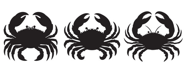 Three black crab silhouettes with raised claws and detailed legs, shown in front view on a white background, ideal for marine, seafood, or coastal-themed designs