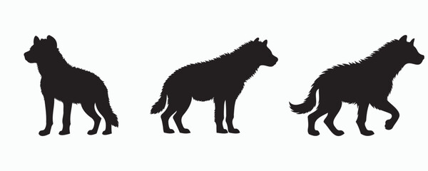 Set of three wild canine silhouettes, including a hyena and wolf-like figures, shown in side profile on a white background, ideal for wildlife or nature-themed designs