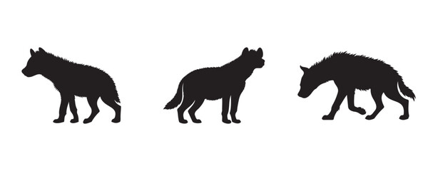 Silhouettes of three wild canines in side view, including a hyena and wolf-like figures, isolated on white background for animal comparison or design use
