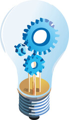 Creative 3D vector icon of a transparent lightbulb with gears inside, symbolizing innovation, smart ideas, and engineering solutions. Rendered in clean isometric style.