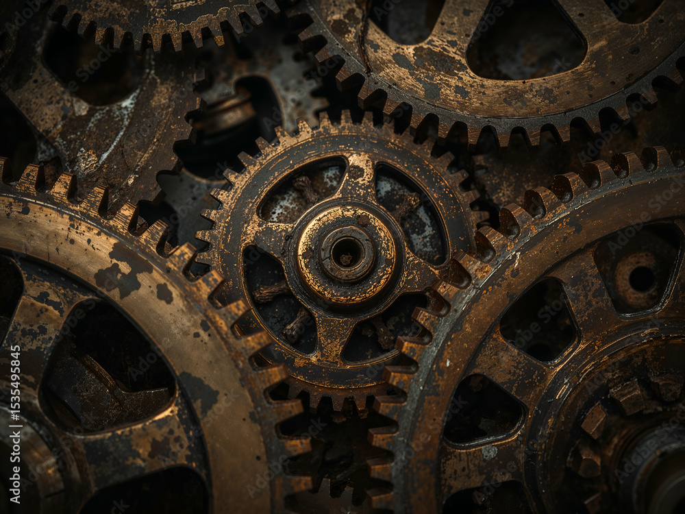 Poster intricate macro view, detailed gears interlock with precision, revealing mechanical complexity and d