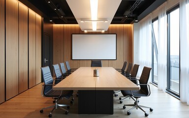 Modern conference room with a long rectangular wood and glass table, minimalist chairs, and ample space for collaboration. Integrated lighting above the table. High quality