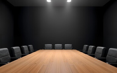 Empty conference room with black walls and wooden floor, chairs aligned. High quality