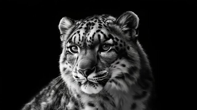 Majestic snow leopard gazing intensely against a dark background, showcasing its striking features