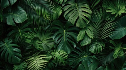 Lush tropical leaves background with ferns and palm fronds for nature - inspired design projects.
