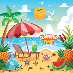Obraz premium summer beach flat illustrations with cute sun and fruits