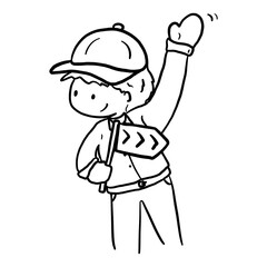 Tour guide waving hands isolated cartoon outline illustration, tour guide with direction signage doodle
